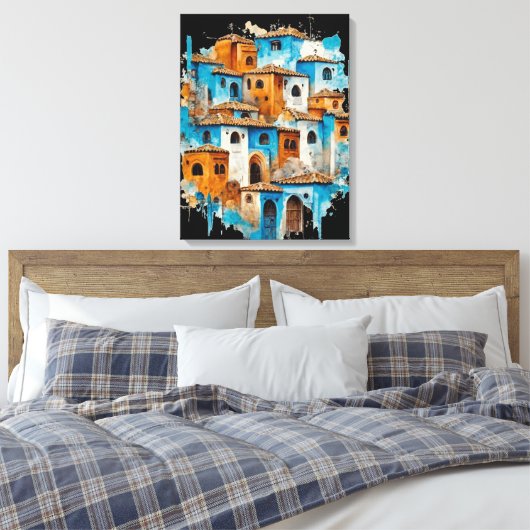 Retro Radiance: Chefchaouen's Blue Majesty Canvas Afdruk (Insitu (Slaapkamer))