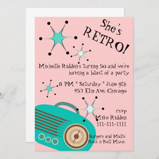 Retro Radio Pink en Turquoise Birthday Uitnodiging (Voorkant / Achterkant)