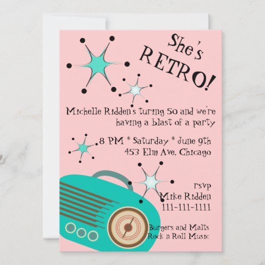Retro Radio Pink en Turquoise Birthday Uitnodiging (Voorkant)