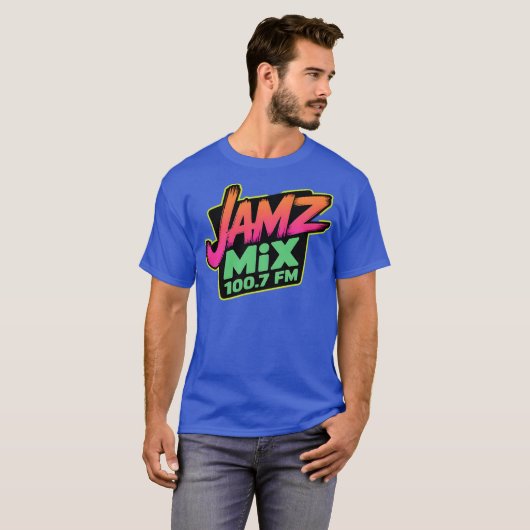 Retro Radio T-shirt – JAMZ MIX 100.7 FM Neon Style (Voorkant volledig)