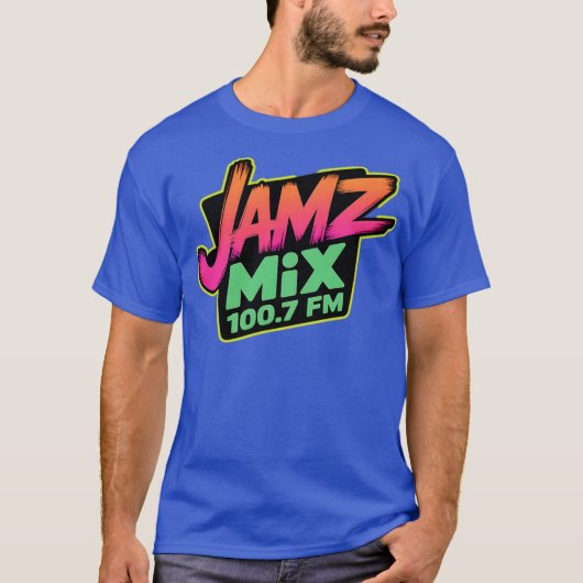 Retro Radio T-shirt – JAMZ MIX 100.7 FM Neon Style (Voorkant)