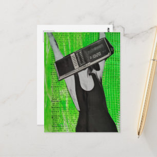 Retro Radio Wekker Vrouw op Groene Collage Briefkaart