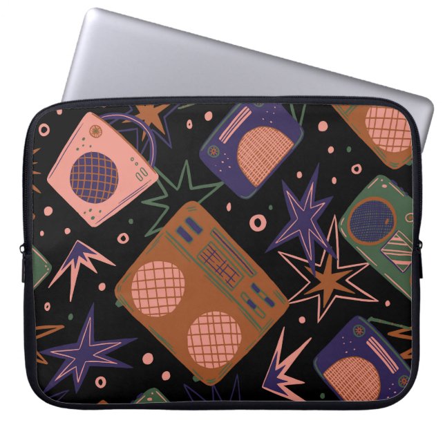 Retro-radio's, bandrecorderpatroon. laptop sleeve (Voorkant)