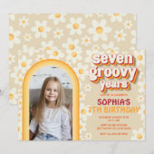 Retro Rainbow 7e foto verjaardagsfeestje uitnodigi Notitiekaartje (Voorkant / Achterkant)