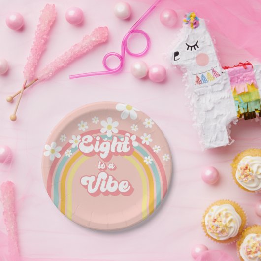 Retro Rainbow Acht is een Vibe Groovy 8e verjaarda Papieren Bordje (Feest)