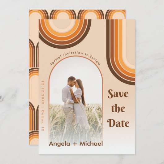 Retro Rainbow Arched Photo Boho 70s Groovy Trendy Save The Date (Voorkant / Achterkant)