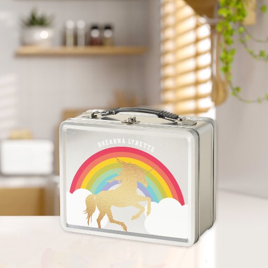 Retro Rainbow Clouds Faux Gold Unicorn Name Kinder