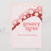 Retro Rainbow Daisy Groovy Drie derde verjaardag Kaart (Voorkant / Achterkant)