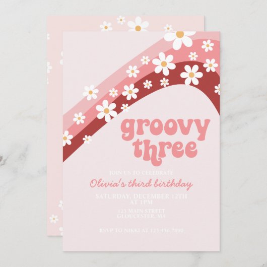 Retro Rainbow Daisy Groovy Drie derde verjaardag Kaart (Voorkant / Achterkant)