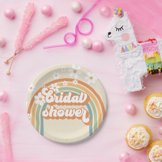 Retro Rainbow Daisy Groovy vrijgezellenfeest Papieren Bordje (Feest)