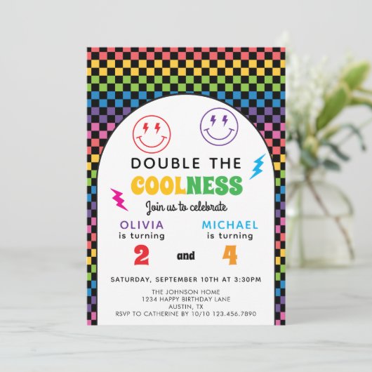 Retro Rainbow Double Celebration Joint Birthday Kaart (Staand voorkant)