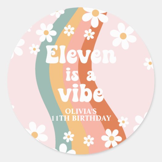 Retro Rainbow Eleven is een vibe Daisy 11e verjaar Ronde Sticker (Voorkant)