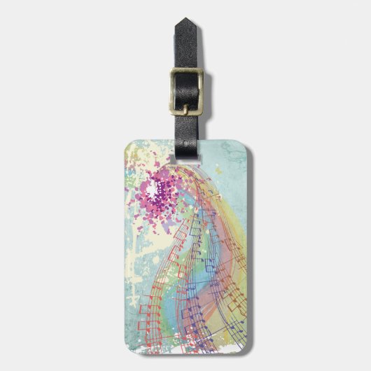 Retro Rainbow en Muzieknoten op een Shabby Texture Bagagelabel (Voorkant verticaal)