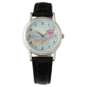 Retro Rainbow en Muzieknoten op een Shabby Texture Horloge