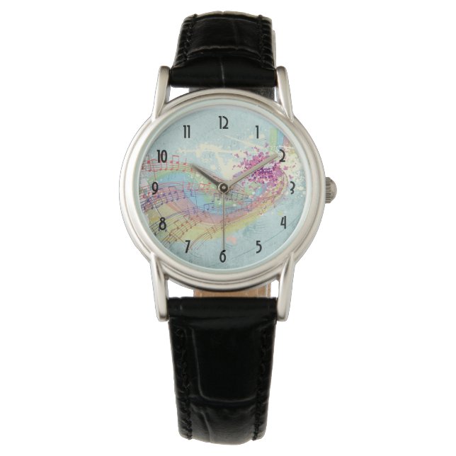 Retro Rainbow en Muzieknoten op een Shabby Texture Horloge (Voorkant)