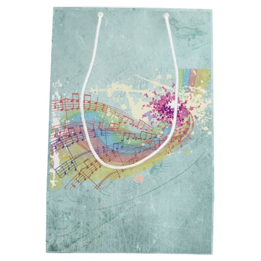Retro Rainbow en Muzieknoten op een Shabby Texture Medium Cadeauzakje (Achterkant)