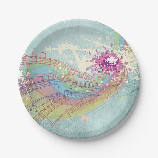 Retro Rainbow en Muzieknoten op een Shabby Texture Papieren Bordje (Voorkant)