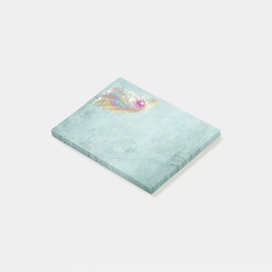 Retro Rainbow en Muzieknoten op een Shabby Texture Post-it® Notes (Schuin)