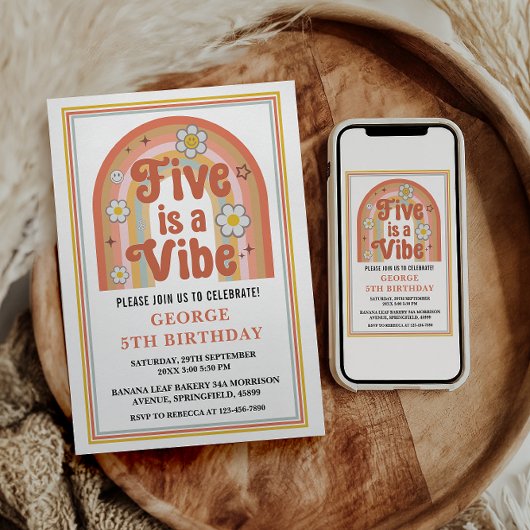 Retro Rainbow FIVE is a Vibe Groovy 5e Verjaardag Kaart
