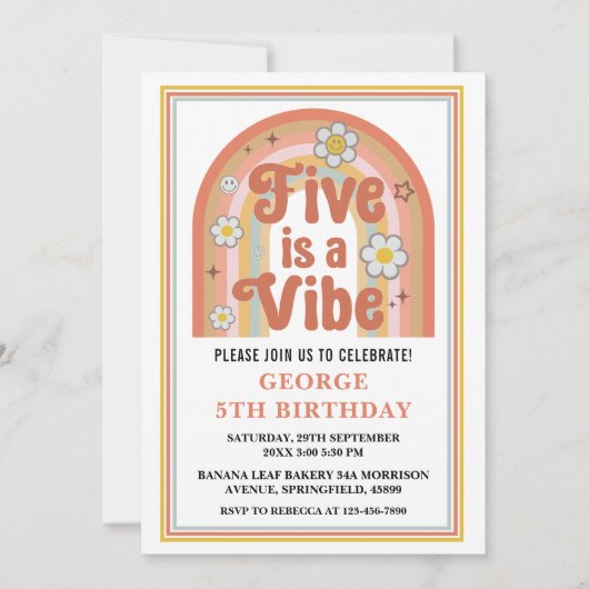 Retro Rainbow FIVE is a Vibe Groovy 5th Birthday Kaart (Voorkant)