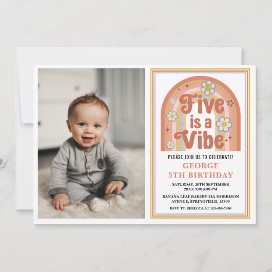 Retro Rainbow FIVE is a Vibe Groovy 5th Birthday Kaart (Voorkant)