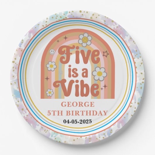 Retro Rainbow FIVE is a Vibe Groovy 5th Birthday Papieren Bordje (Voorkant)