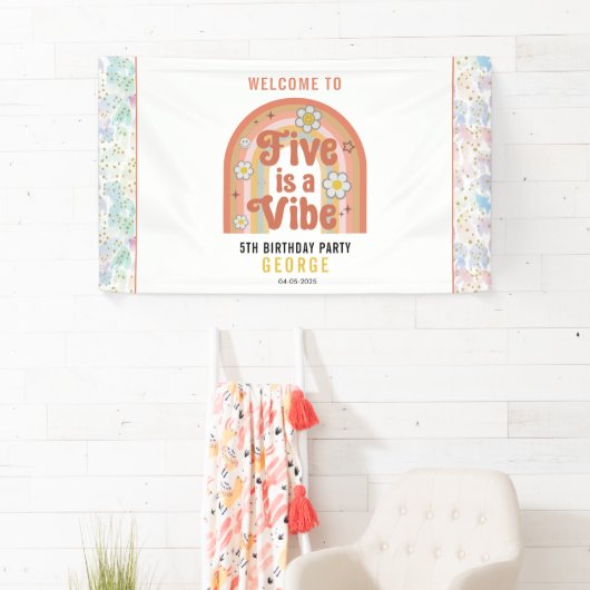 Retro Rainbow FIVE is a Vibe Groovy 5th Birthday Spandoek (Insitu)