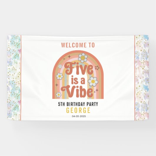 Retro Rainbow FIVE is a Vibe Groovy 5th Birthday Spandoek (Horizontaal)