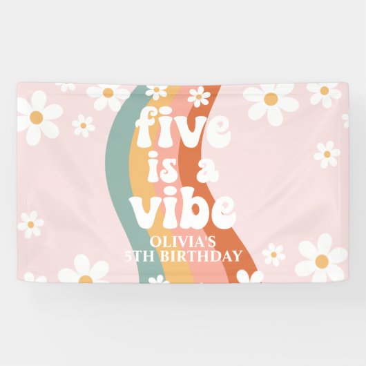Retro Rainbow Five is een Vibe Daisy 5TH verjaarda Spandoek (Horizontaal)