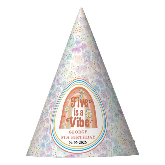 Retro Rainbow FIVE is een Vibe Groovy 5e Verjaarda Feesthoedjes (Voorkant)