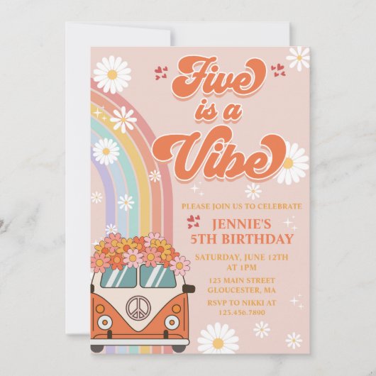 Retro Rainbow Five is een Vibe Groovy 5e verjaarda Kaart (Voorkant)