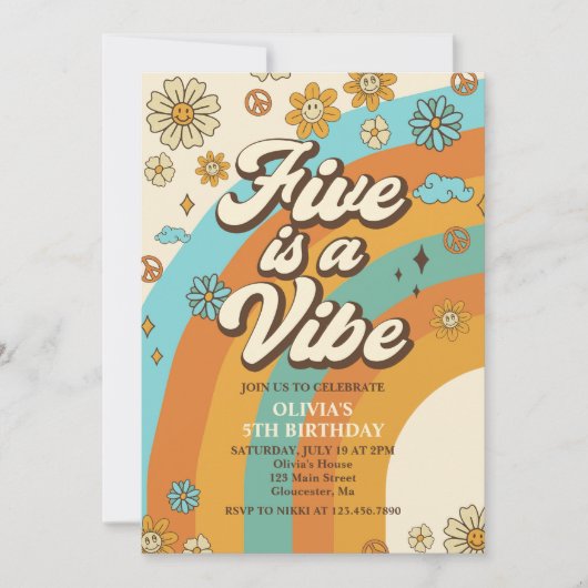 Retro Rainbow Five is een Vibe Groovy 5e verjaarda Kaart (Voorkant)