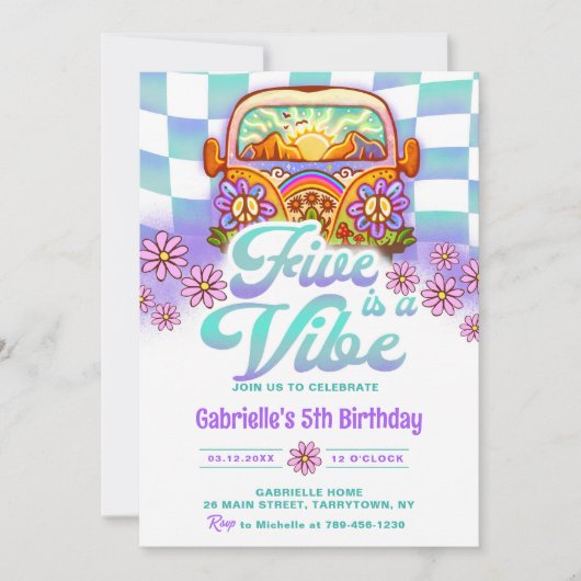Retro Rainbow FIVE is een Vibe Groovy 5e verjaarda Kaart (Voorkant)