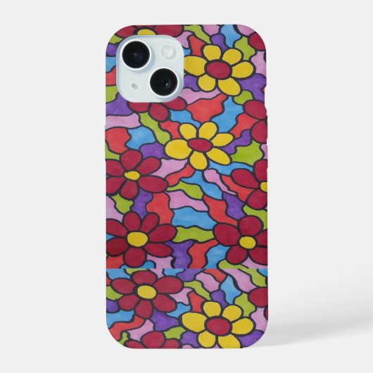 Retro Rainbow Flower Pattern iPhone 15 Case (Achterkant)