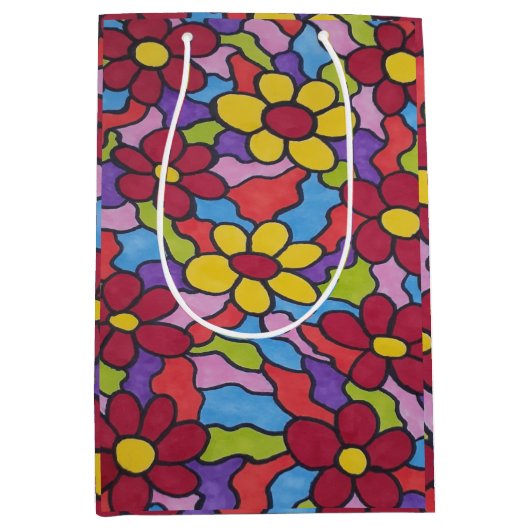 Retro Rainbow Flower Pattern Medium Cadeauzakje (Voorkant)