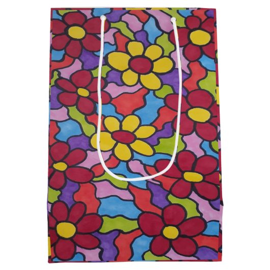 Retro Rainbow Flower Pattern Medium Cadeauzakje (Achterkant)