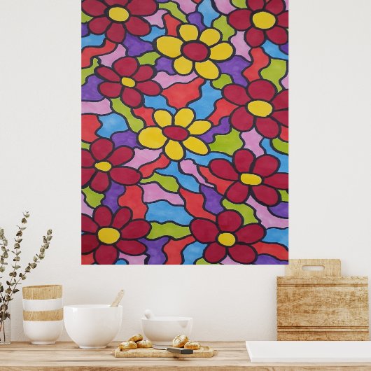 Retro Rainbow Flower Pattern Poster (Keuken)