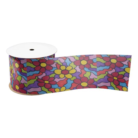Retro Rainbow Flower Pattern Satijnen Lint (Spoel)