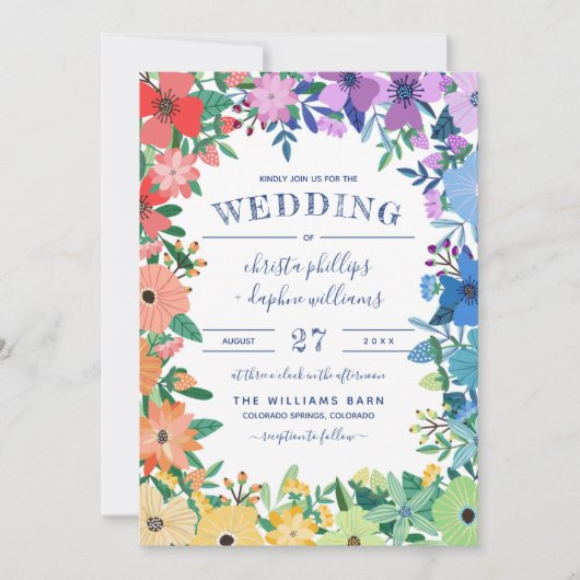 Retro Rainbow Flowers Gay Lesbian Wedding Kaart (Voorkant)