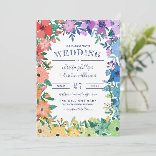 Retro Rainbow Flowers Gay Lesbian Wedding Kaart (Staand voorkant)