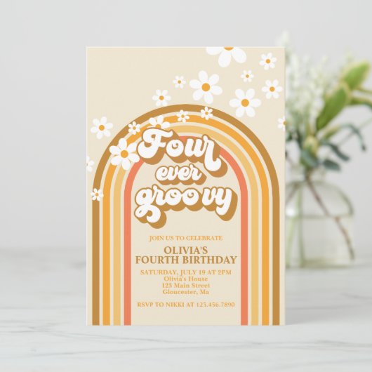 Retro Rainbow four Ever Groovy 4e verjaardag Kaart (Staand voorkant)