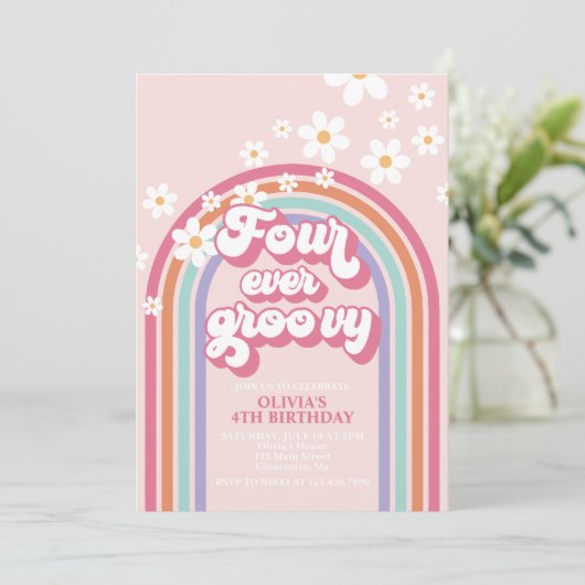 Retro Rainbow four Ever Groovy 4e verjaardag Kaart (Staand voorkant)