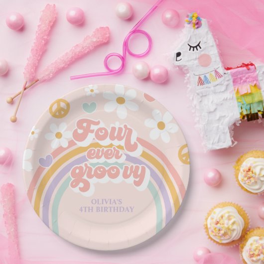 Retro Rainbow four Ever Groovy 4e verjaardag Papieren Bordje (Feest)