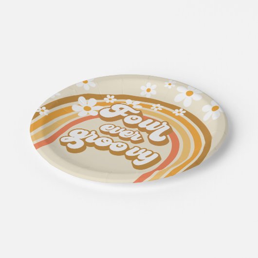 Retro Rainbow four Ever Groovy 4e verjaardag Papieren Bordje (Gekanteld)