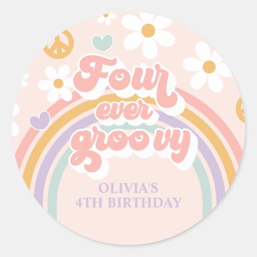 Retro Rainbow four Ever Groovy 4e verjaardag Ronde Sticker (Voorkant)