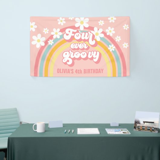 Retro Rainbow four Ever Groovy 4e verjaardag Spandoek (Beurs)