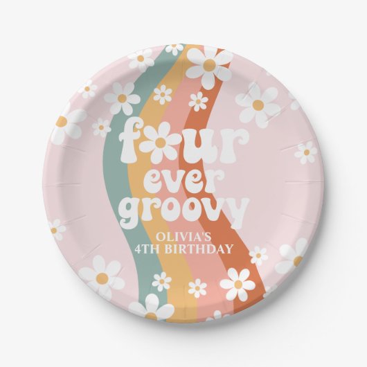 Retro Rainbow Four Ever Groovy Daisy Papieren Bordje (Voorkant)