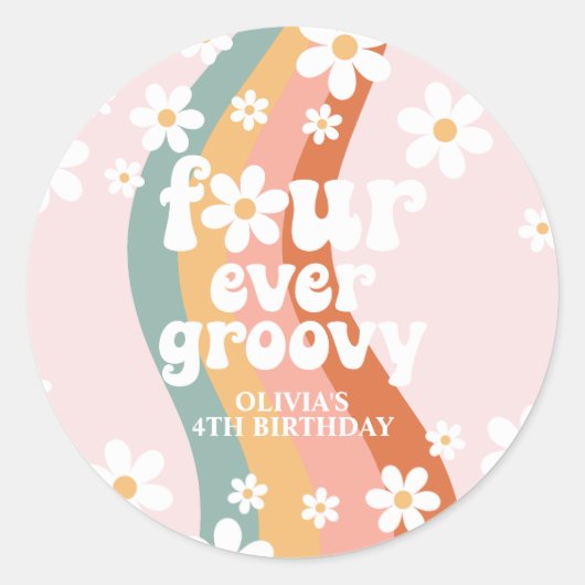 Retro Rainbow Four Ever Groovy Daisy Ronde Sticker (Voorkant)