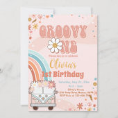 Retro Rainbow Groovy 1 1e verjaardag uitnodiging (Voorkant)