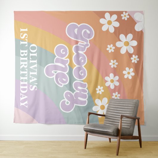 Retro Rainbow Groovy 1 1e verjaardag Wandkleed (In Situ (horizontaal))